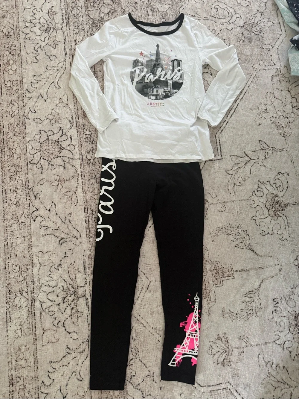 Justice Black Leggings with Pink Eiffel Tower Graphic Long Sleeve Top